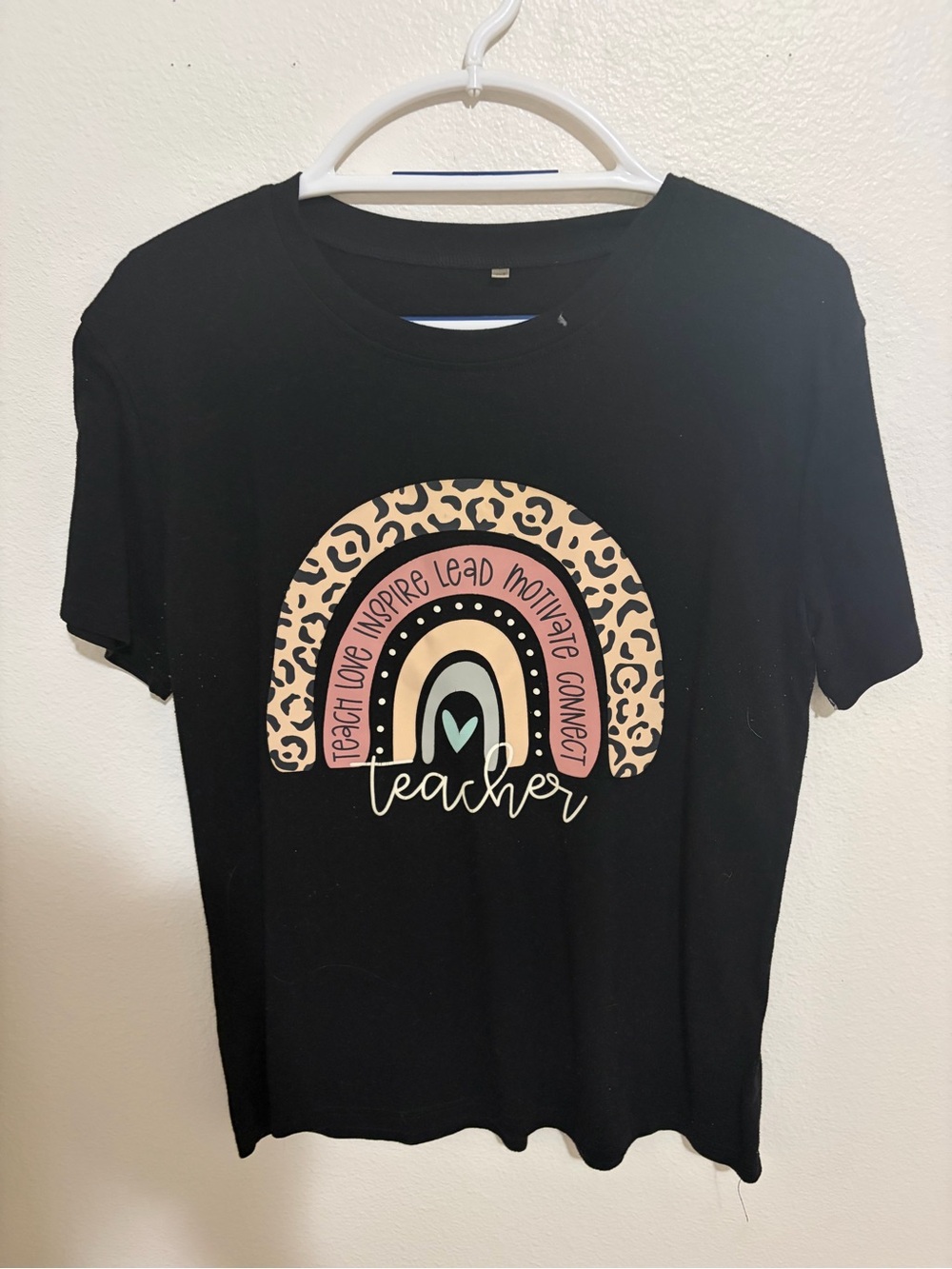 Amazon Black Graphic Teacher Rainbow Tee with Leopard Accent